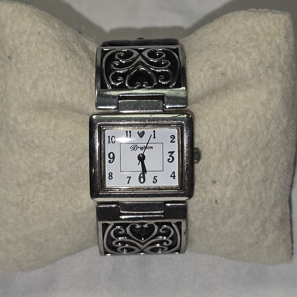 Brighton Silver and Black Terressa Heart Motif Black Italian Leather‎ Band Watch